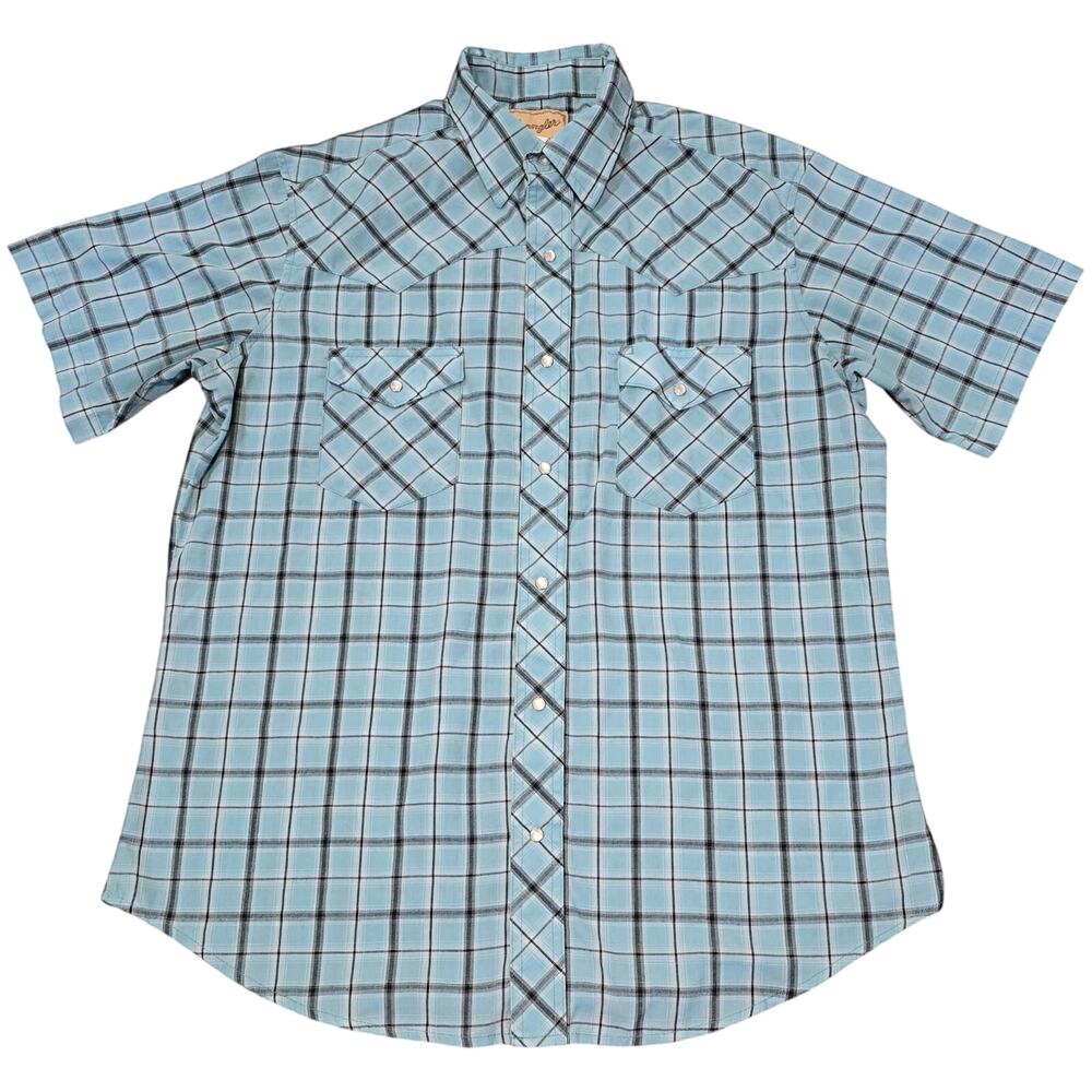 Wrangler Men's L, Blue Plaid Short-sleeve  Western Snap Shirt: Cowboycore